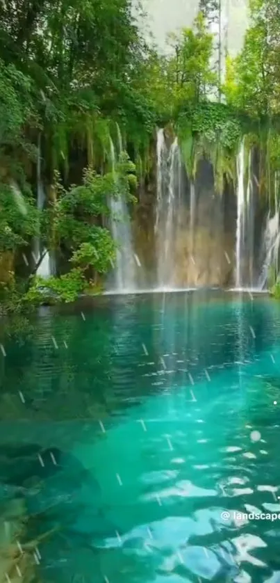 Serene waterfall with lush greenery and tranquil water reflection.