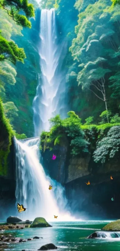 Serene waterfall with lush greenery and butterflies, perfect for nature lovers.