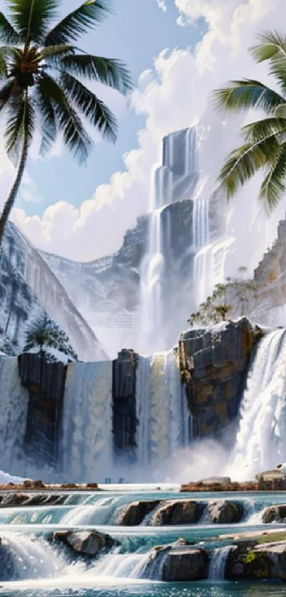 Tropical waterfall scene with palm trees and clear water in a serene landscape.