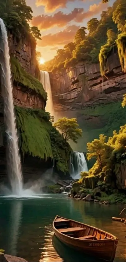 Serene landscape of waterfalls with lush greenery and a boat at sunset.