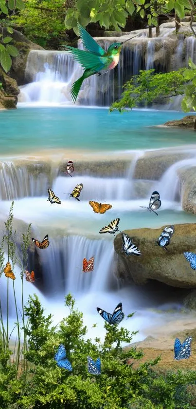 Turquoise waterfall over rocks in forest.