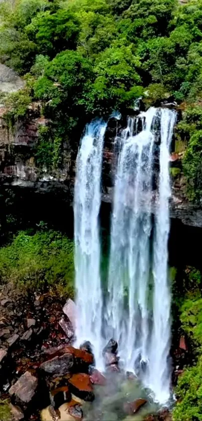 Waterfall with lush green trees in background, ideal for mobile wallpaper.