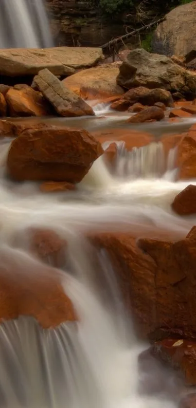 Serene waterfall cascading over rocks on a mobile wallpaper.