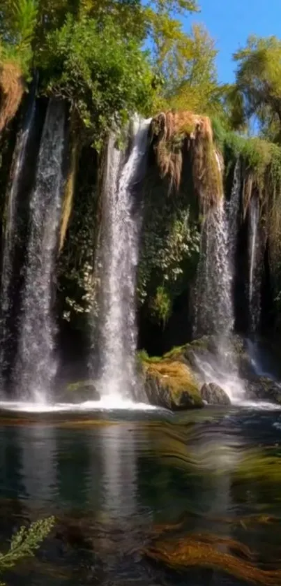 Lush waterfall scene with vibrant greenery and flowing water.