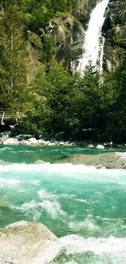 Serene waterfall with turquoise river and lush greenery.