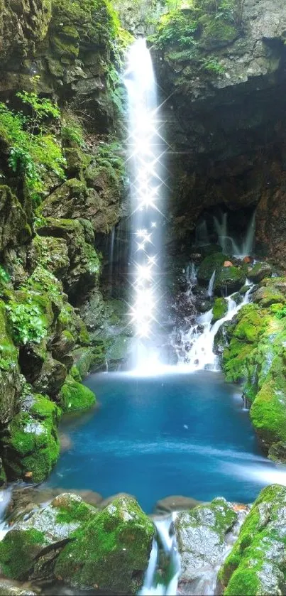 Serene waterfall flowing into a blue pond surrounded by lush greenery.