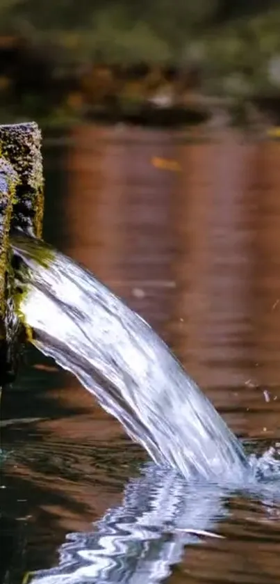 Water flows gently from mossy rock into a still pond.