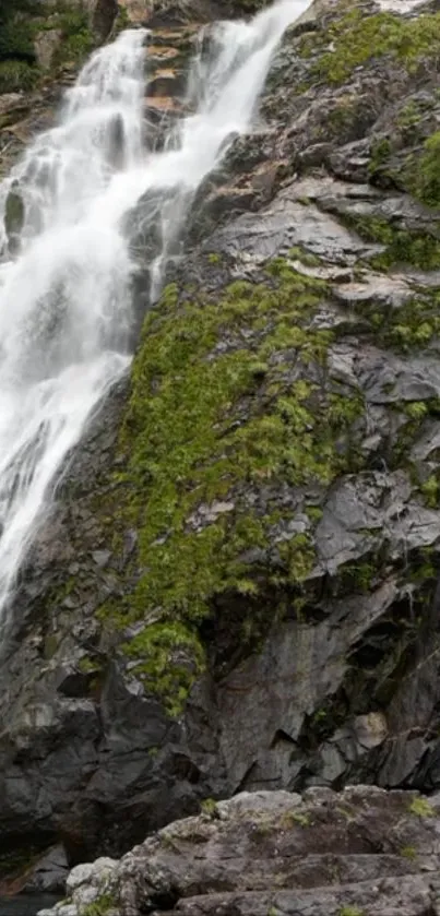 Waterfall cascading over mossy rocks in a scenic natural setting.