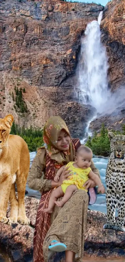 Family with wildlife by a scenic waterfall.