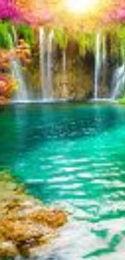 Vibrant waterfall with lush greenery and turquoise waters.