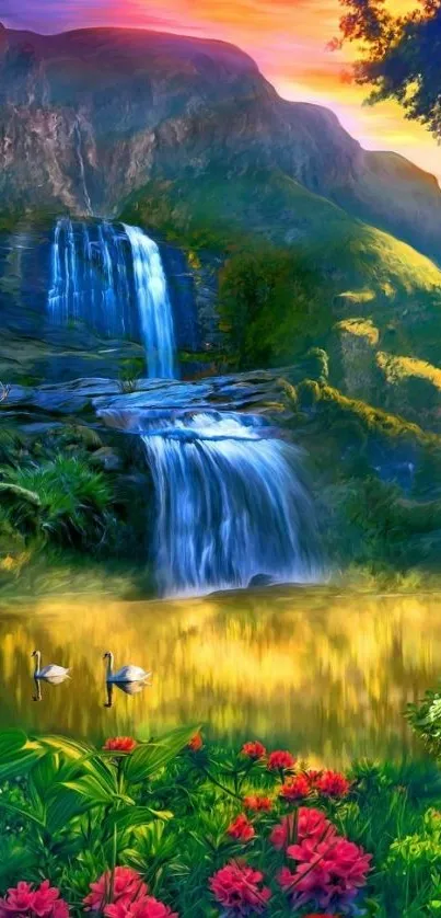 Vibrant mobile wallpaper featuring a serene waterfall in lush greenery.