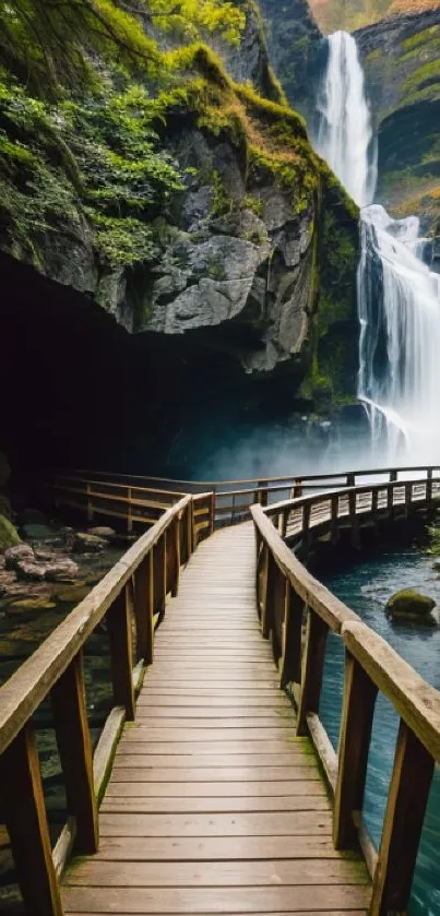 Serene waterfall with a wooden bridge in a lush green natural setting.