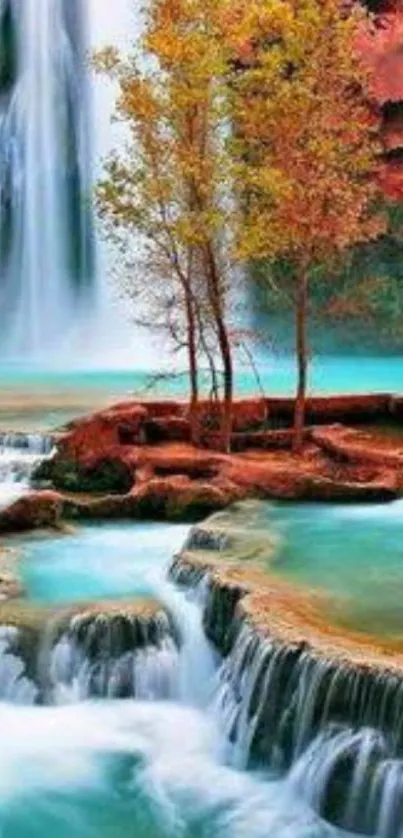 Vibrant turquoise waterfall with trees and rocks.