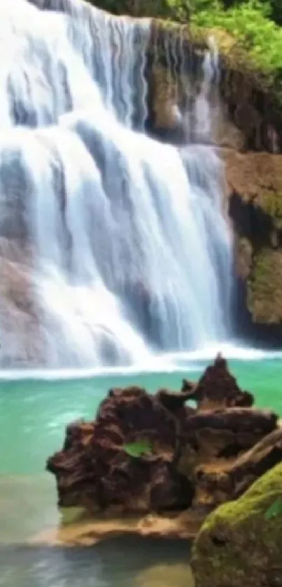 Serene turquoise waterfall surrounded by lush greenery.