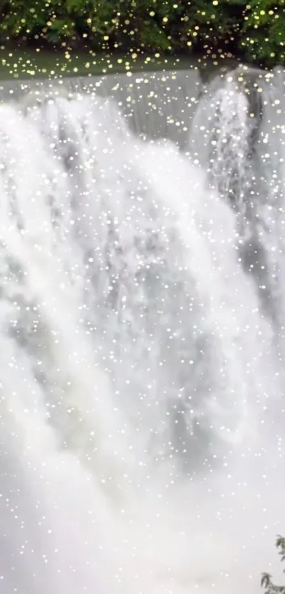 Serene waterfall with gentle sparkles amidst green foliage.