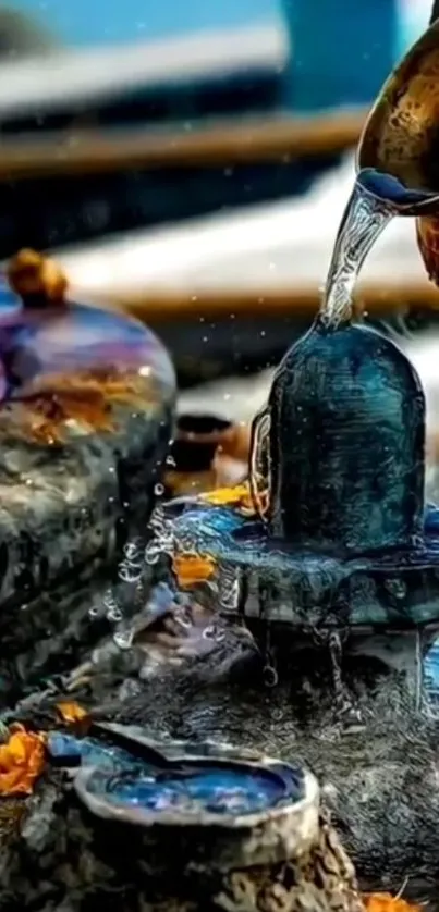 Water flows over a stone sculpture in a serene natural setting.