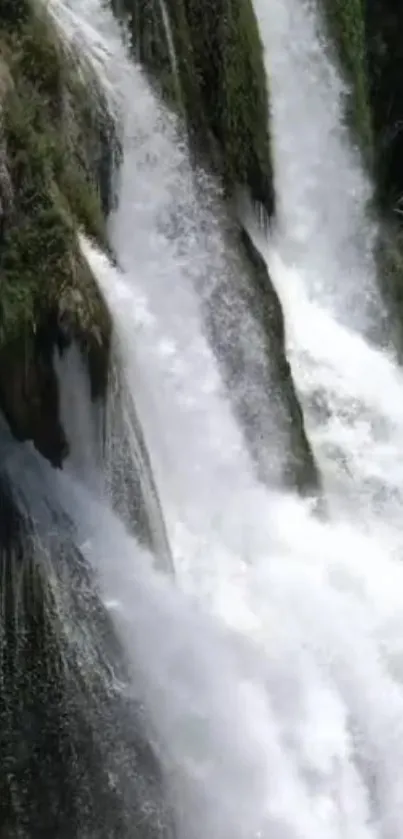 Serene mobile wallpaper of a cascading waterfall within lush greenery.