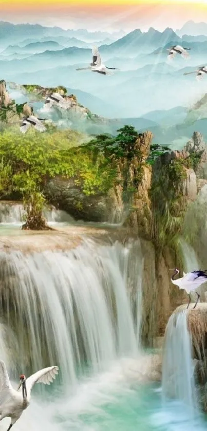 Majestic sunrise over waterfalls with birds in serene nature landscape.