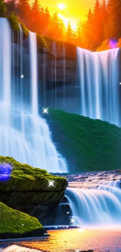 Calming waterfall with sunrise on vibrant mobile wallpaper.