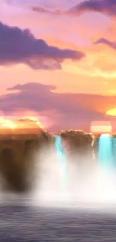 Tranquil waterfall scene at sunset with vibrant sky colors and soft mist.