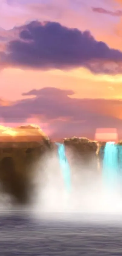 Majestic waterfall at sunset with pastel skies and serene waters.