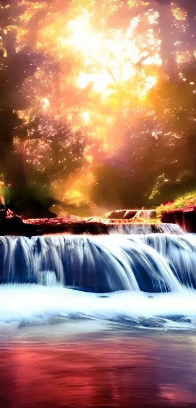 Sunset over waterfall in lush forest landscape.