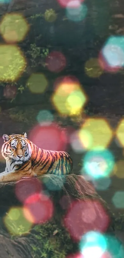 A waterfall scene with a tiger perched on a rock, depicting natural tranquility.