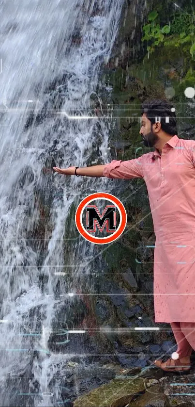 Man reaching out to a serene waterfall, surrounded by nature.