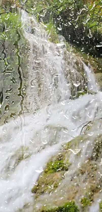 Waterfall with raindrops enhancing a serene landscape.