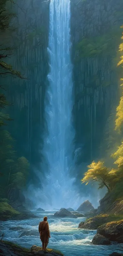 Majestic waterfall with vibrant green forest in mobile wallpaper.