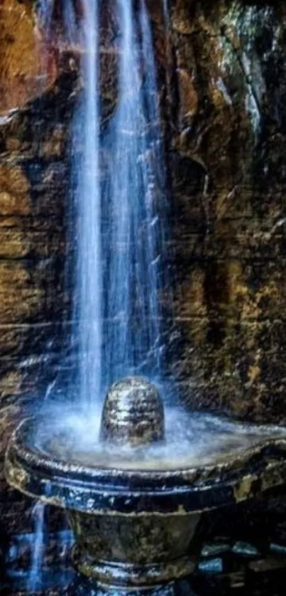 Serene waterfall over rocky feature on a mobile wallpaper.