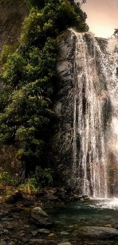 Waterfall cascading amid lush greenery on rocky cliff.