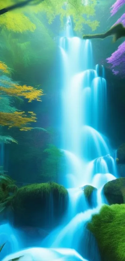 Vibrant waterfall with lush greenery and colorful foliage.