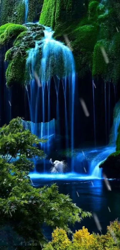 Waterfall with emerald green and blue tones, surrounded by lush foliage.