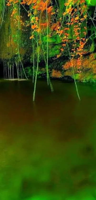 Serene waterfall surrounded by lush green foliage with vibrant colors.