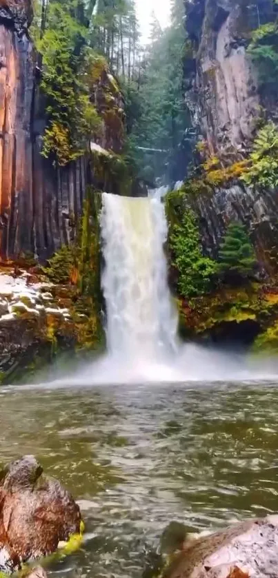 Waterfall with lush greenery and rocky cliffs, perfect for mobile wallpaper.