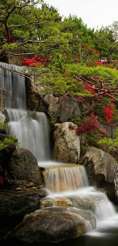 Serene waterfall with lush greenery and red flowers.