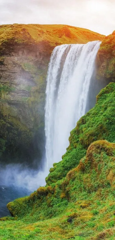 Serene waterfall cascading down lush green cliffs against the sky.