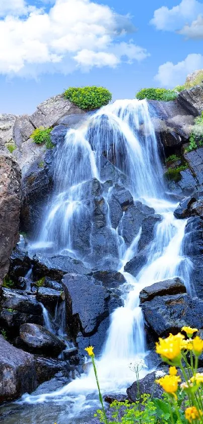 Beautiful waterfall with bright blue sky and yellow flowers in a serene setting.