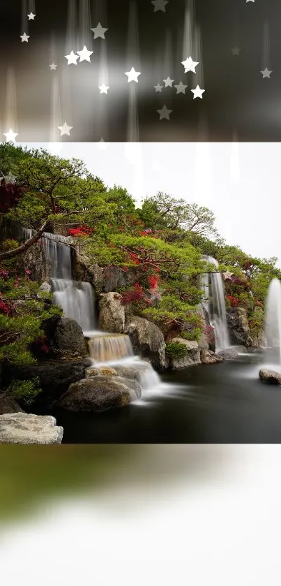 Serene waterfall with lush greenery and starry sky in mobile wallpaper.