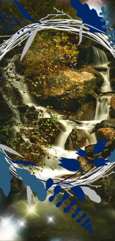 Waterfall with artistic blue and white frame in scenic nature setting.