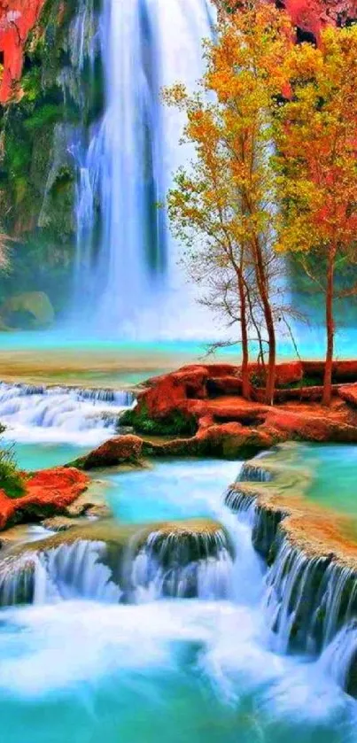 Serene waterfall with turquoise water and autumn trees.