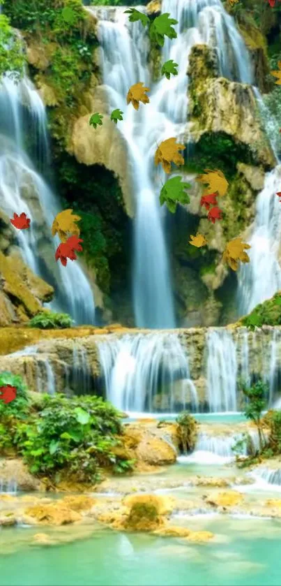 A scenic waterfall with colorful autumn leaves.