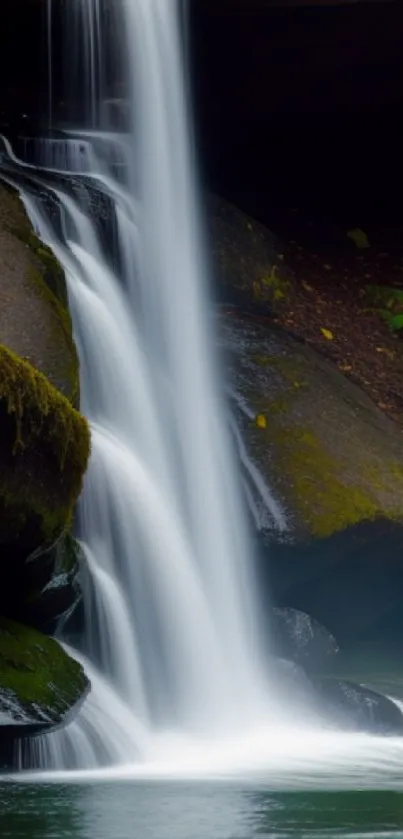 Mobile wallpaper of a bear by a serene waterfall in a lush green forest.