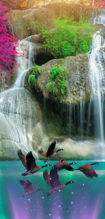 Waterfall and birds create a serene, colorful nature scene for a mobile wallpaper.