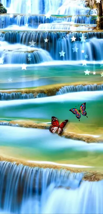 Mobile wallpaper of a cascading waterfall with butterflies.