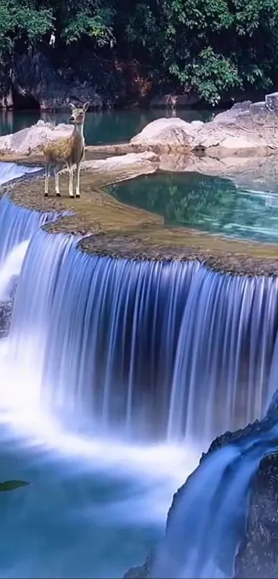 A serene waterfall flows by with a deer standing nearby in lush nature.