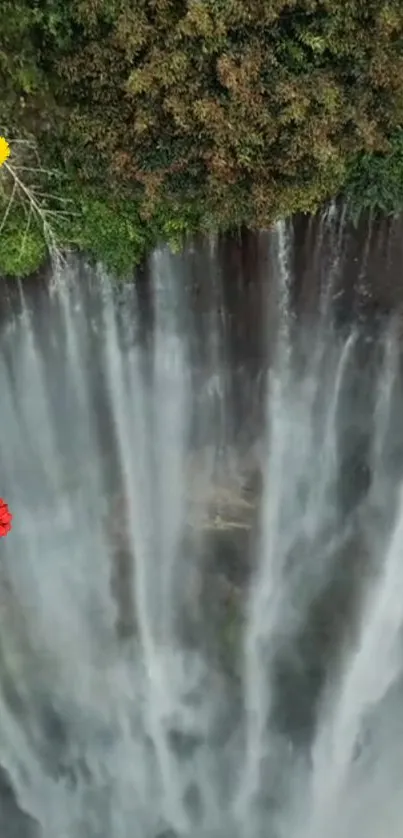 Majestic waterfall with colorful flower accents