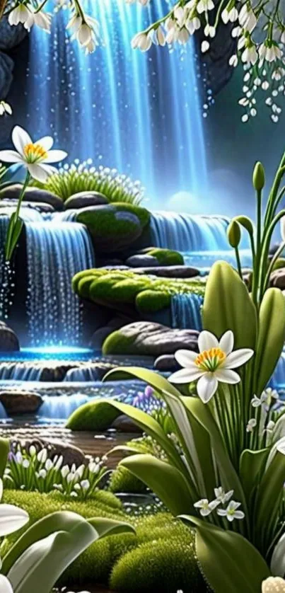 Serene waterfall with lilies and lush greenery.