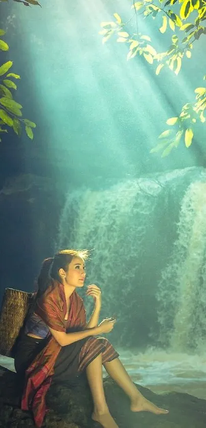 Woman sitting by a waterfall with sun rays filtering through leaves.